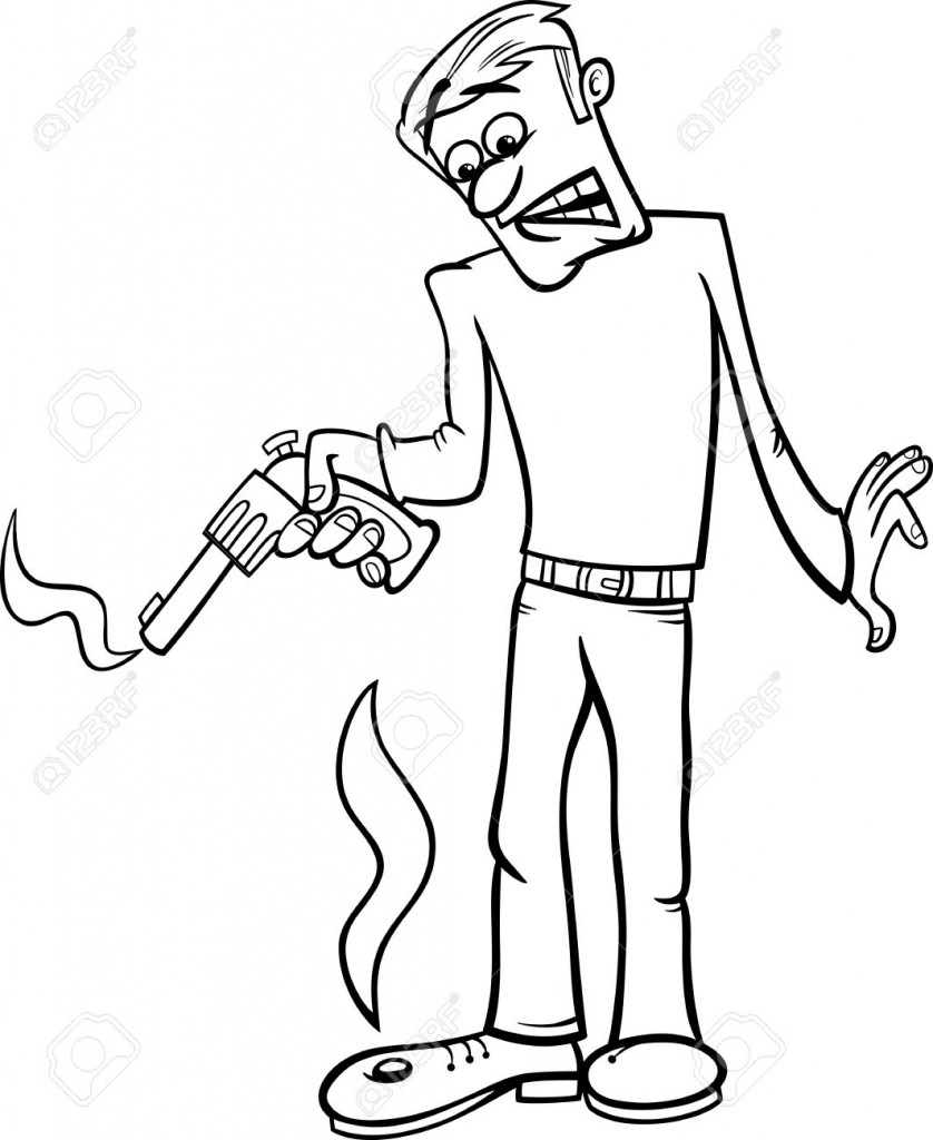 Black and White Cartoon Humor Concept Illustration of Shooting Yourself in the Foot Saying or Proverb for Coloring Book